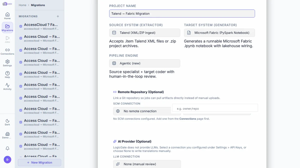 LogicLift interface: Create the migration